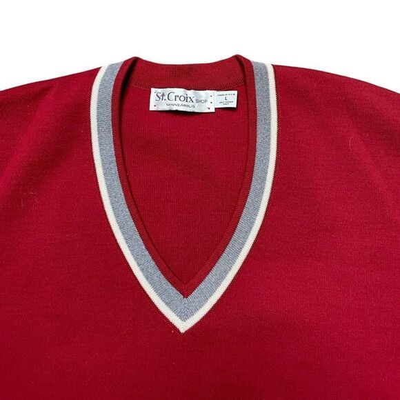 ST. CROIX Wool V-Neck Sweater Red Gray White Size Large - Picture 3 of 8